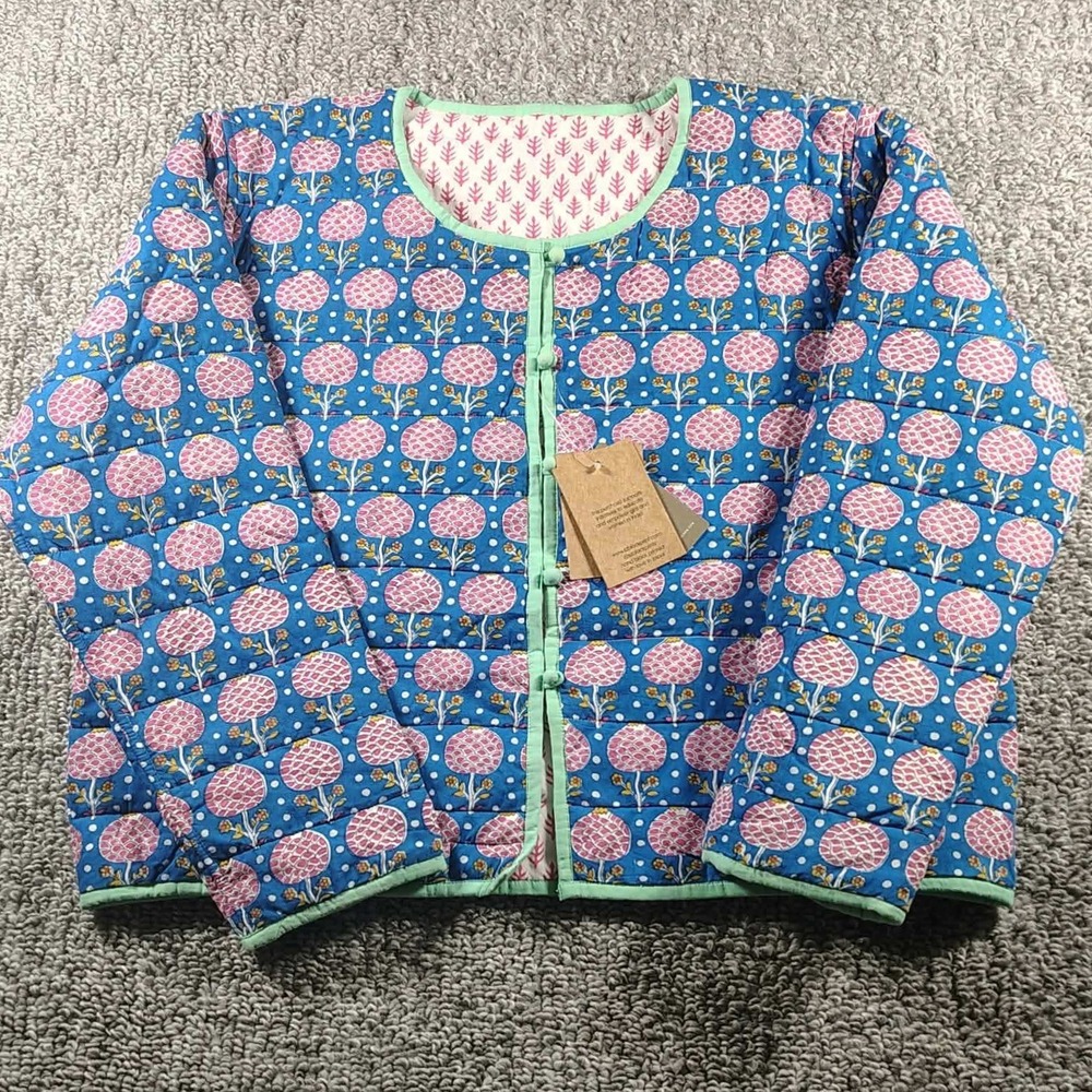 J.Crew SZ Blockprints Reversible Quilted Jacket Lilac Pineapple Blue Women Large